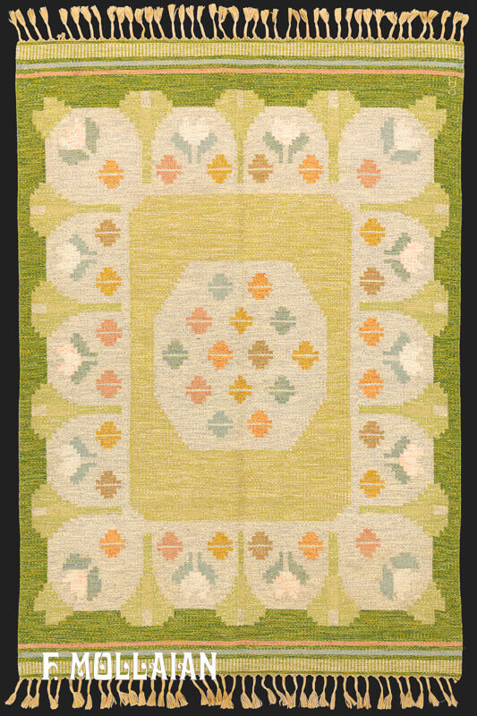 Tappeto Scandinavo Vintage Svedese (a tessitura piatta) Firmato « OA » Con Colore Verde Oliva Chiara e Disegno Geometrico n°:21326180